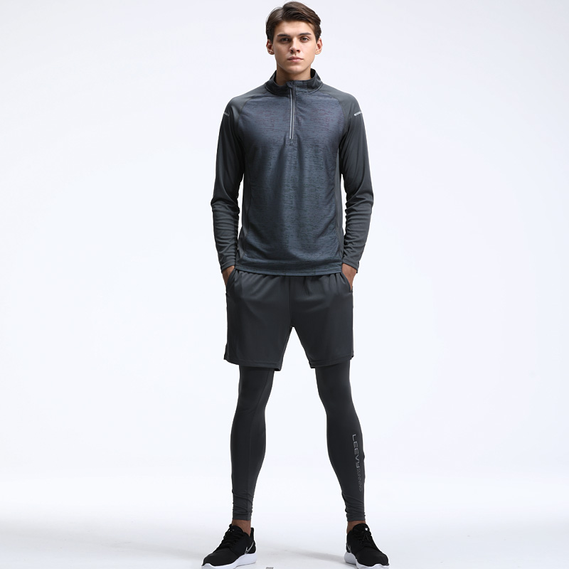 Mens knitted Long sleeve flat lock 1/4 sweat shirt & knitted 1 in 2 running Pants  