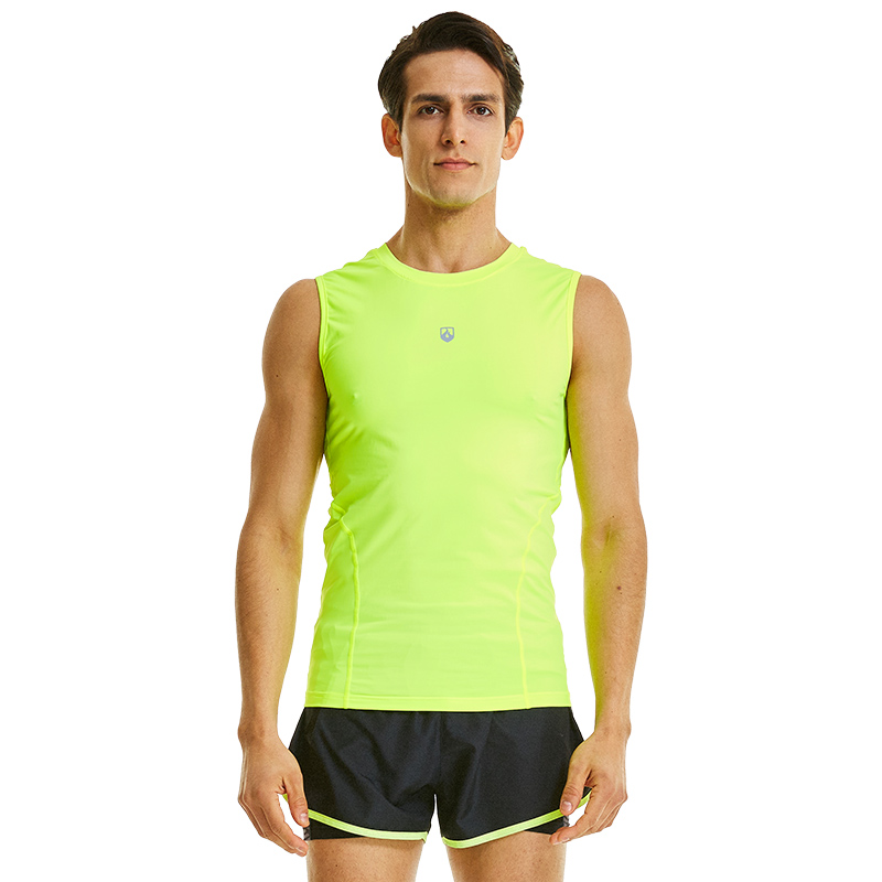 Mens knitted Neon Yellow Non sleeve flat lock tank and Woven 1 in 2 running short  
